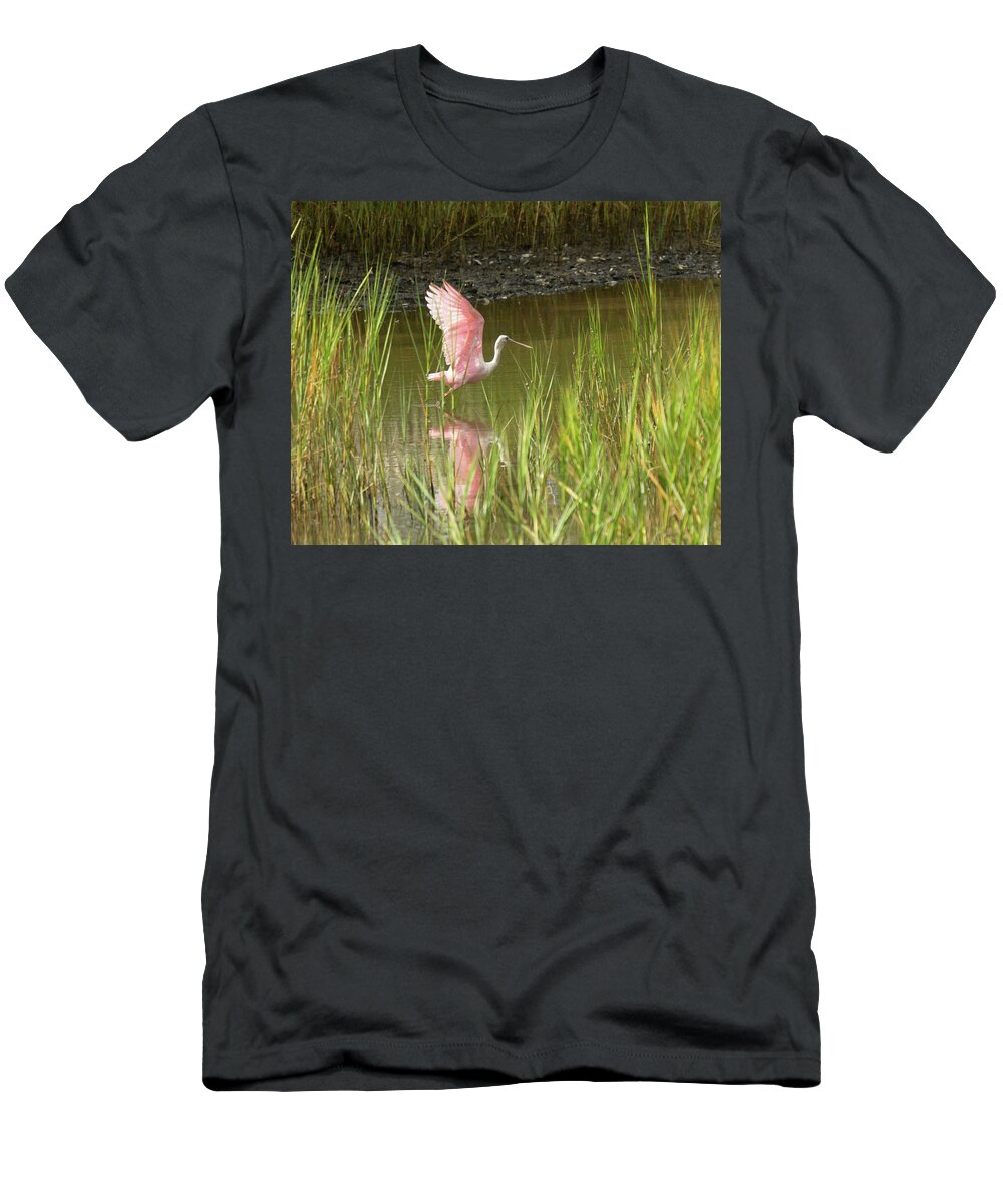 Roseate Spoonbill. Marsh T-Shirt featuring the photograph Roseate Spoonbill In Flight by Patricia Schaefer