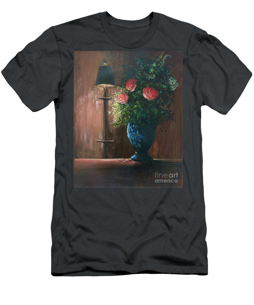 Roses T-Shirt featuring the painting Roses in a Blue Vase by Lizzy Forrester