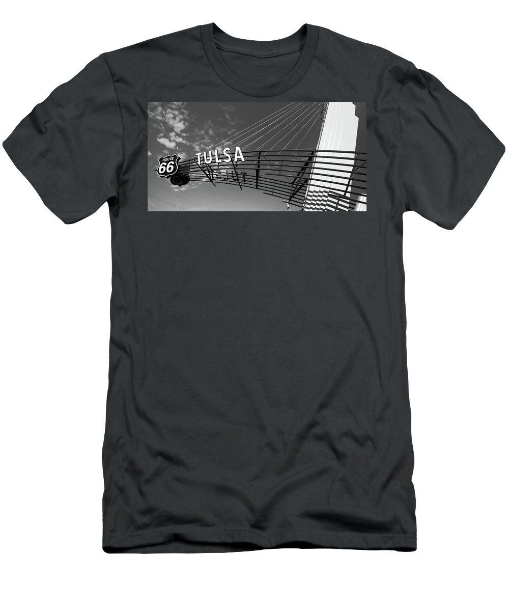 Tulsa Panorama T-Shirt featuring the photograph Route 66 Tulsa Vintage Street Sign Panorama in Black and White by Gregory Ballos