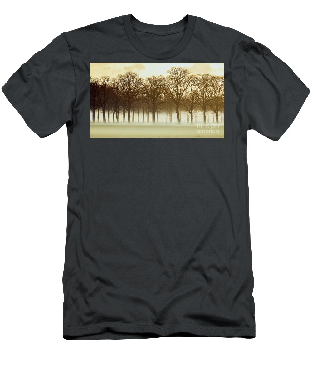 Row Trees T-Shirt featuring the photograph Row trees in a low-hanging mist by Nick Biemans