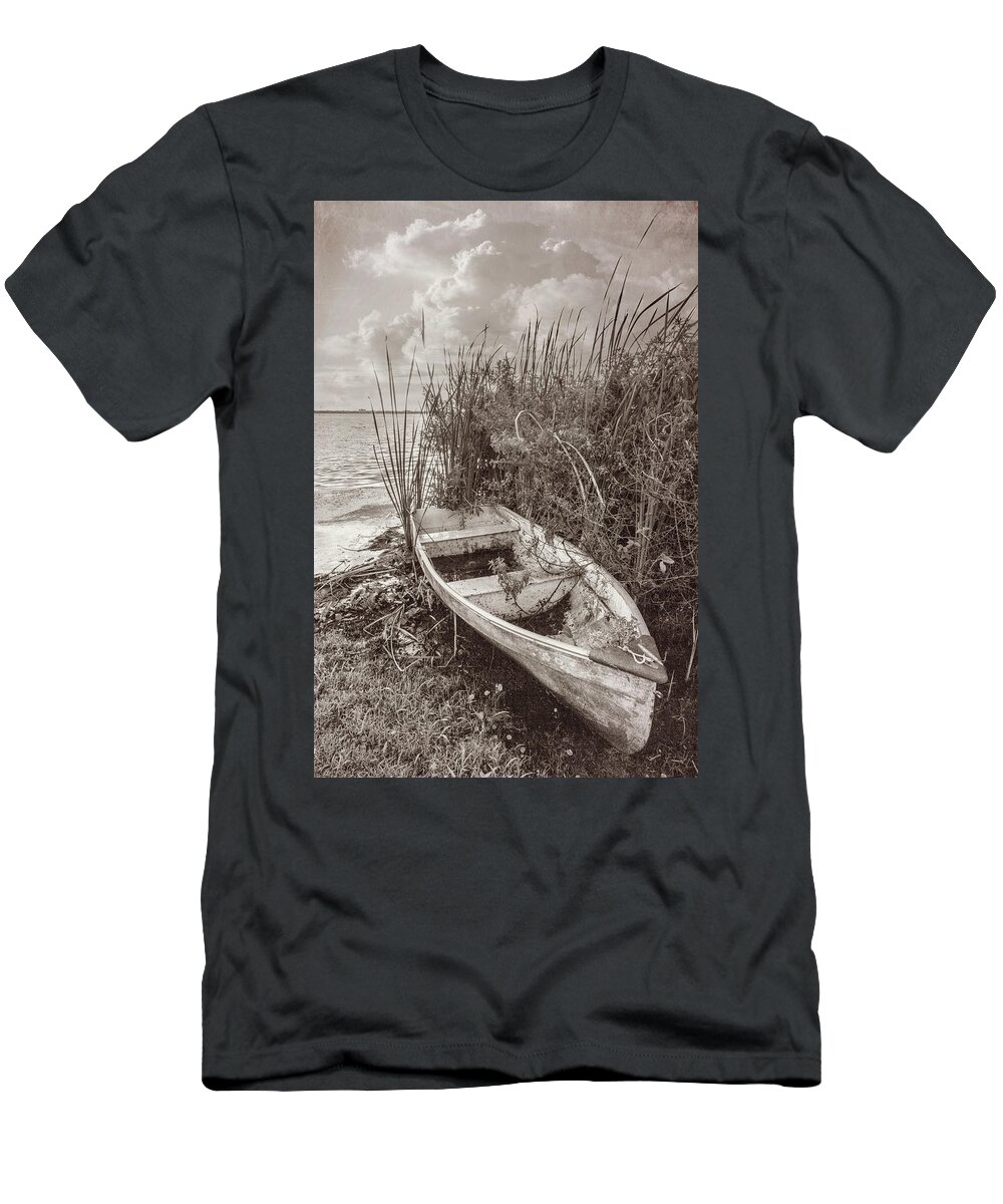 Boats T-Shirt featuring the photograph Rowboat in the Marsh in Sepia Tones by Debra and Dave Vanderlaan