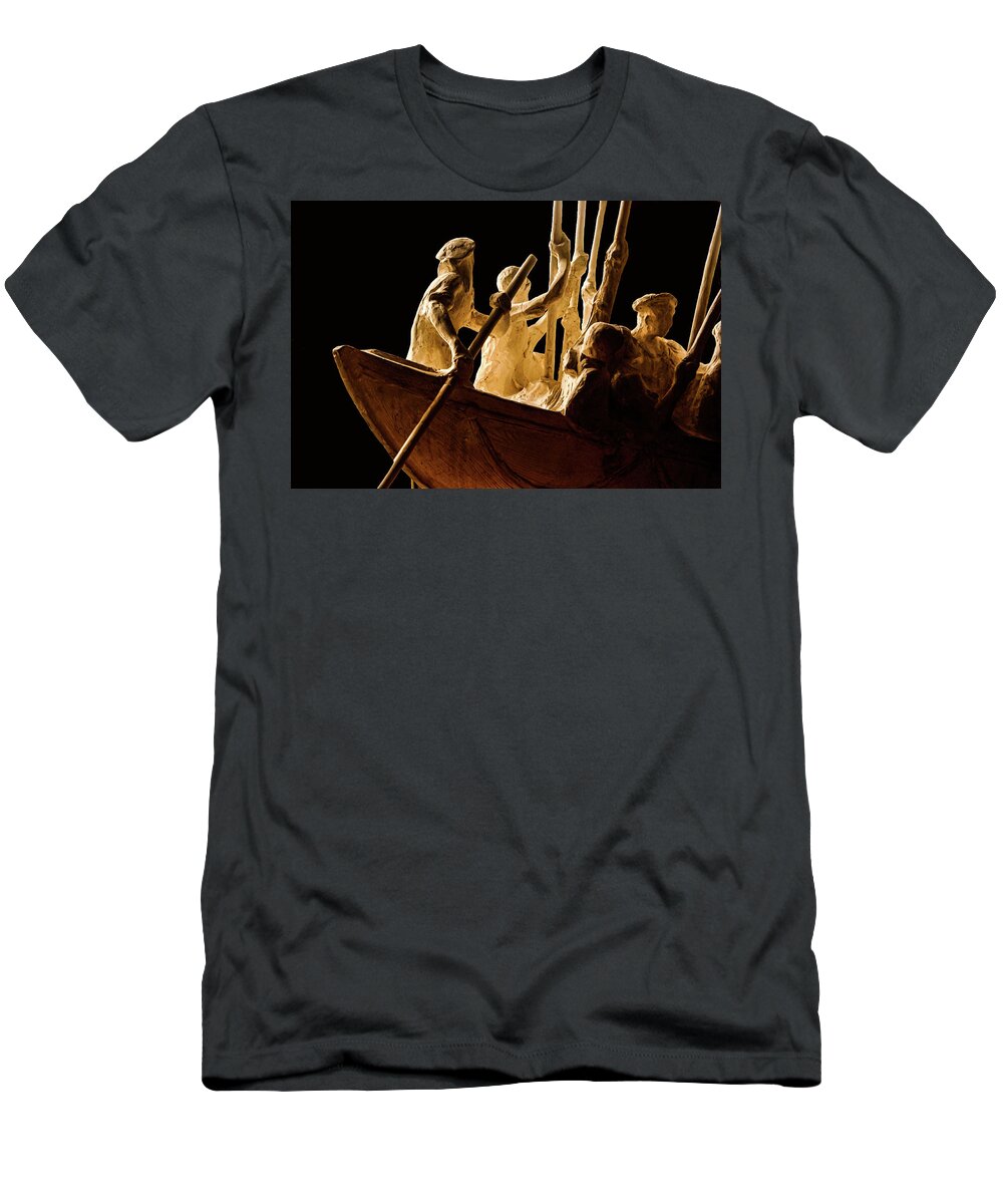 Rowing Boat Sculpture Figurine Sepia T-Shirt featuring the photograph Rowing Sculpture1 by John Linnemeyer