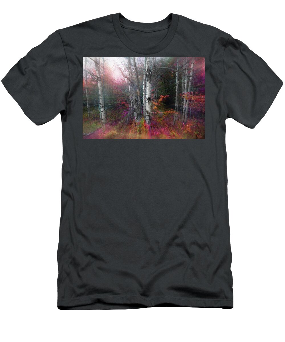 Aspen T-Shirt featuring the photograph Rushing into the Rainbow Grove by Wayne King