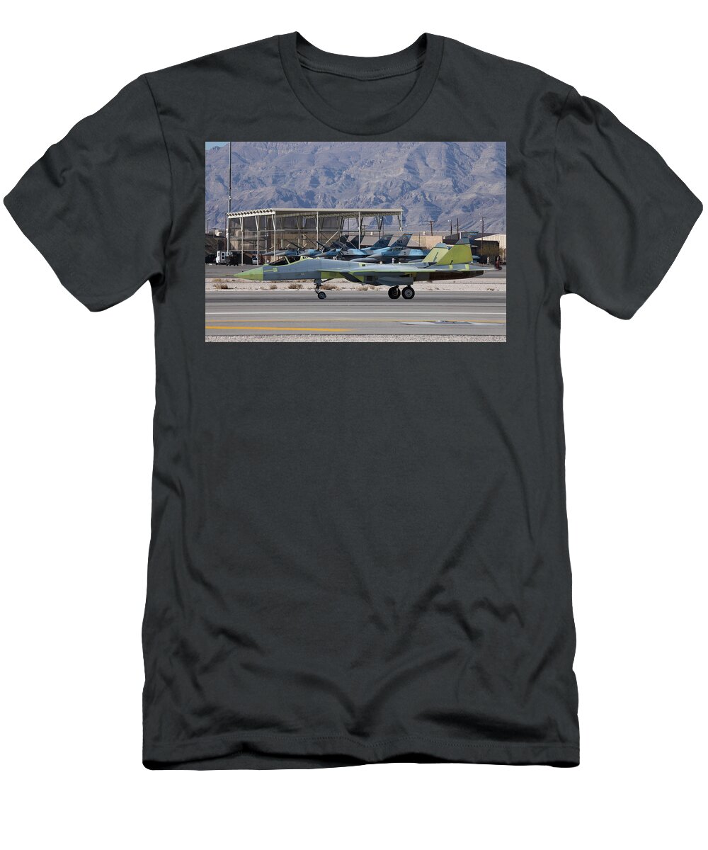 Sukhoi T-Shirt featuring the digital art Russian Air Force Su-57 Pak Fa by Custom Aviation Art