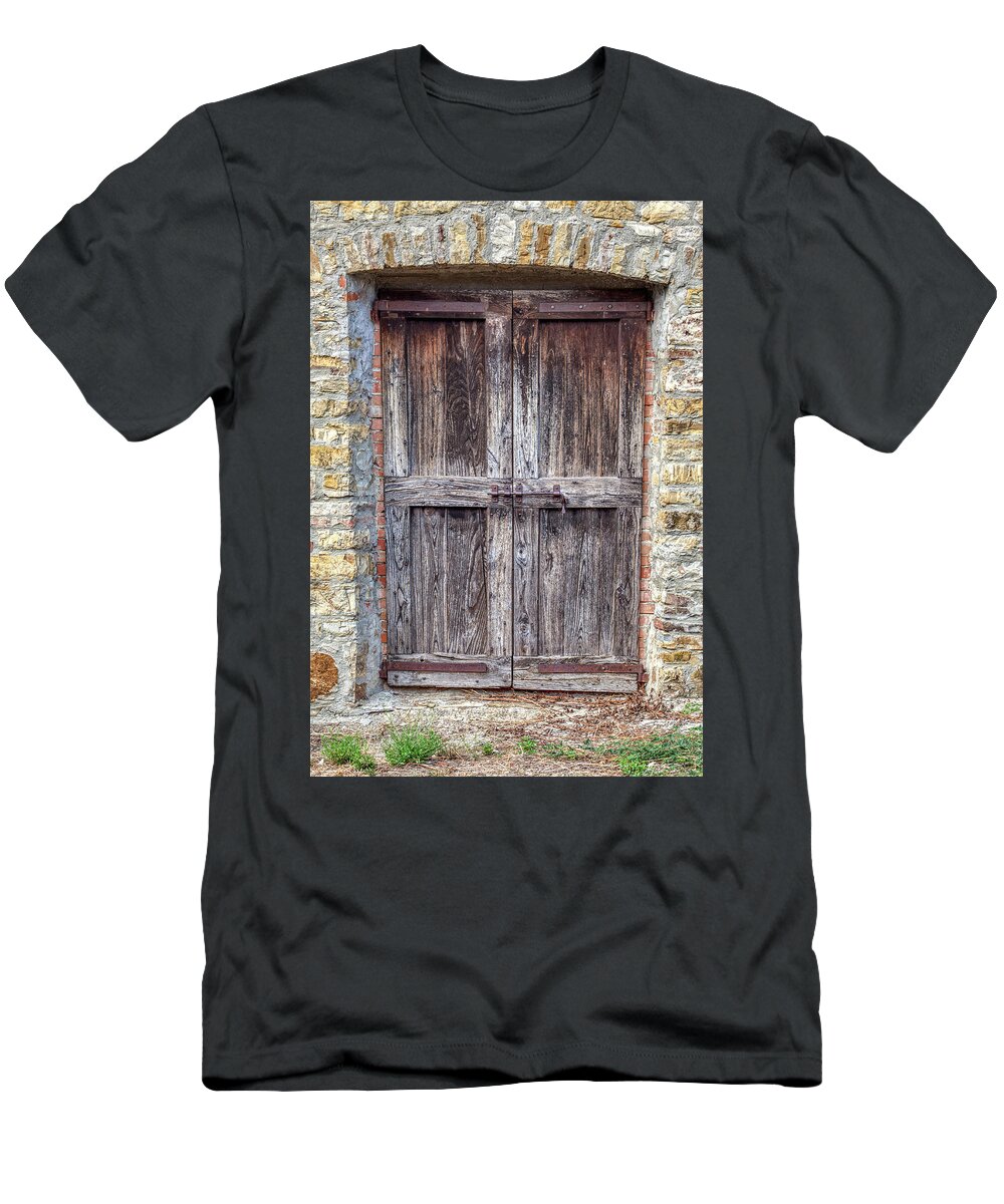 Door T-Shirt featuring the photograph Rustic Weathered Brown Wood Door by David Letts