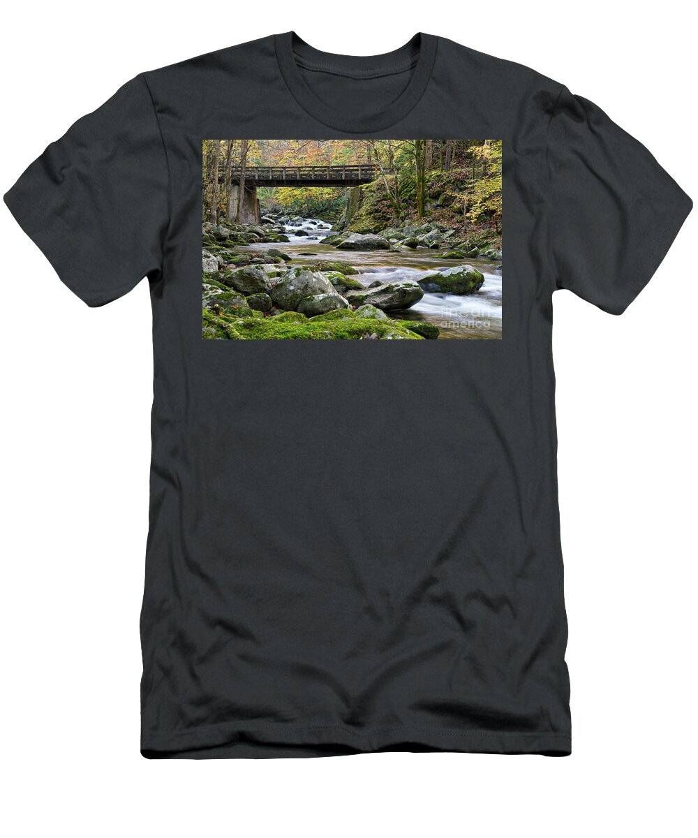 Autumn T-Shirt featuring the photograph Rustic Wooden Bridge by Phil Perkins