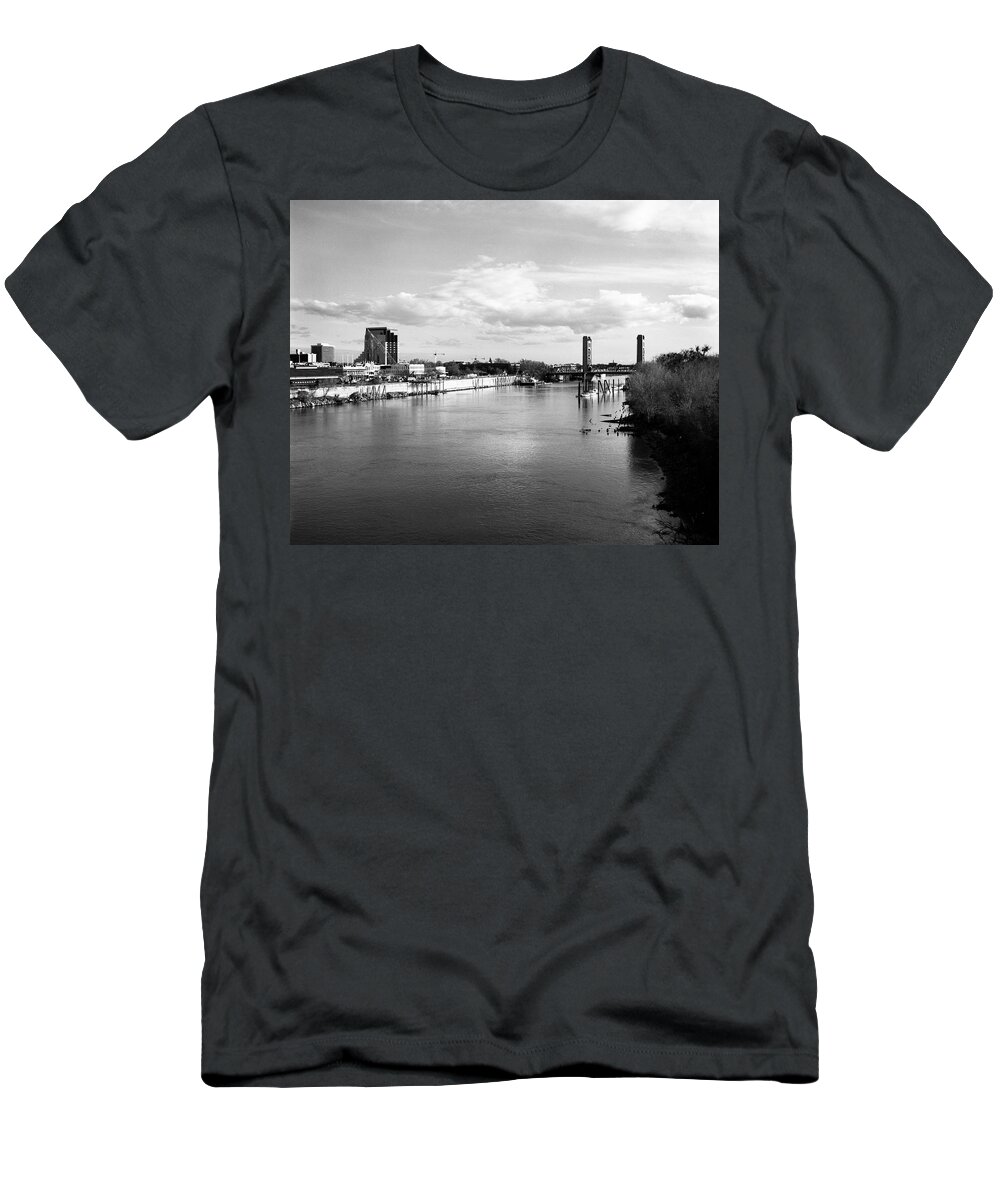 4x5 B&w Sacramento Scenic T-Shirt featuring the photograph Sacramento River and Tower Bridge 1985 by Lee Santa