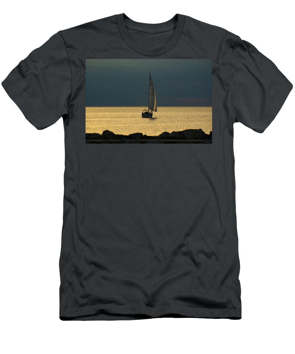 Door County T-Shirt featuring the photograph Sailing at Sunset by Deb Beausoleil