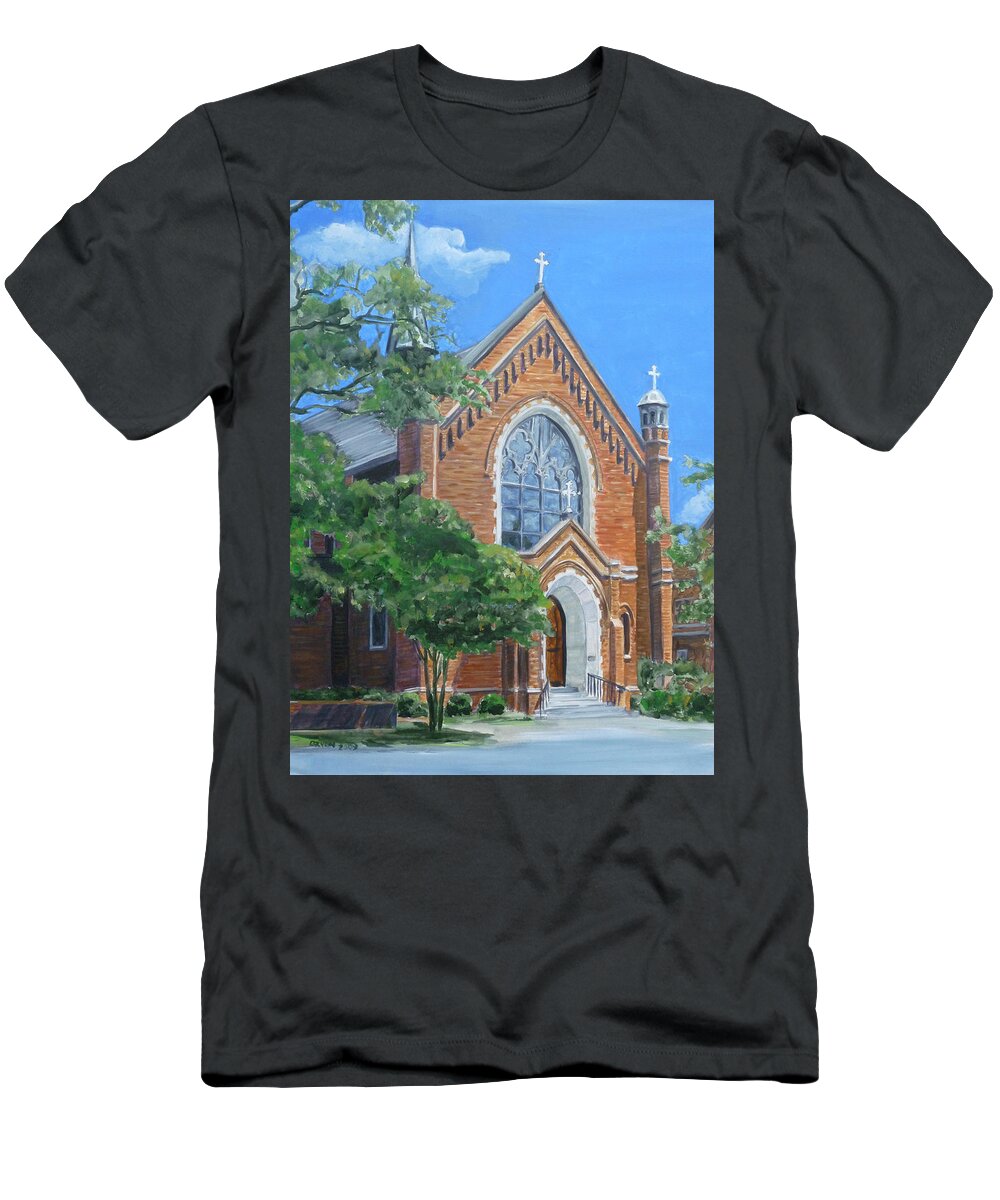 Catholic T-Shirt featuring the painting Saint Marys Catholic Church by Bryan Bustard