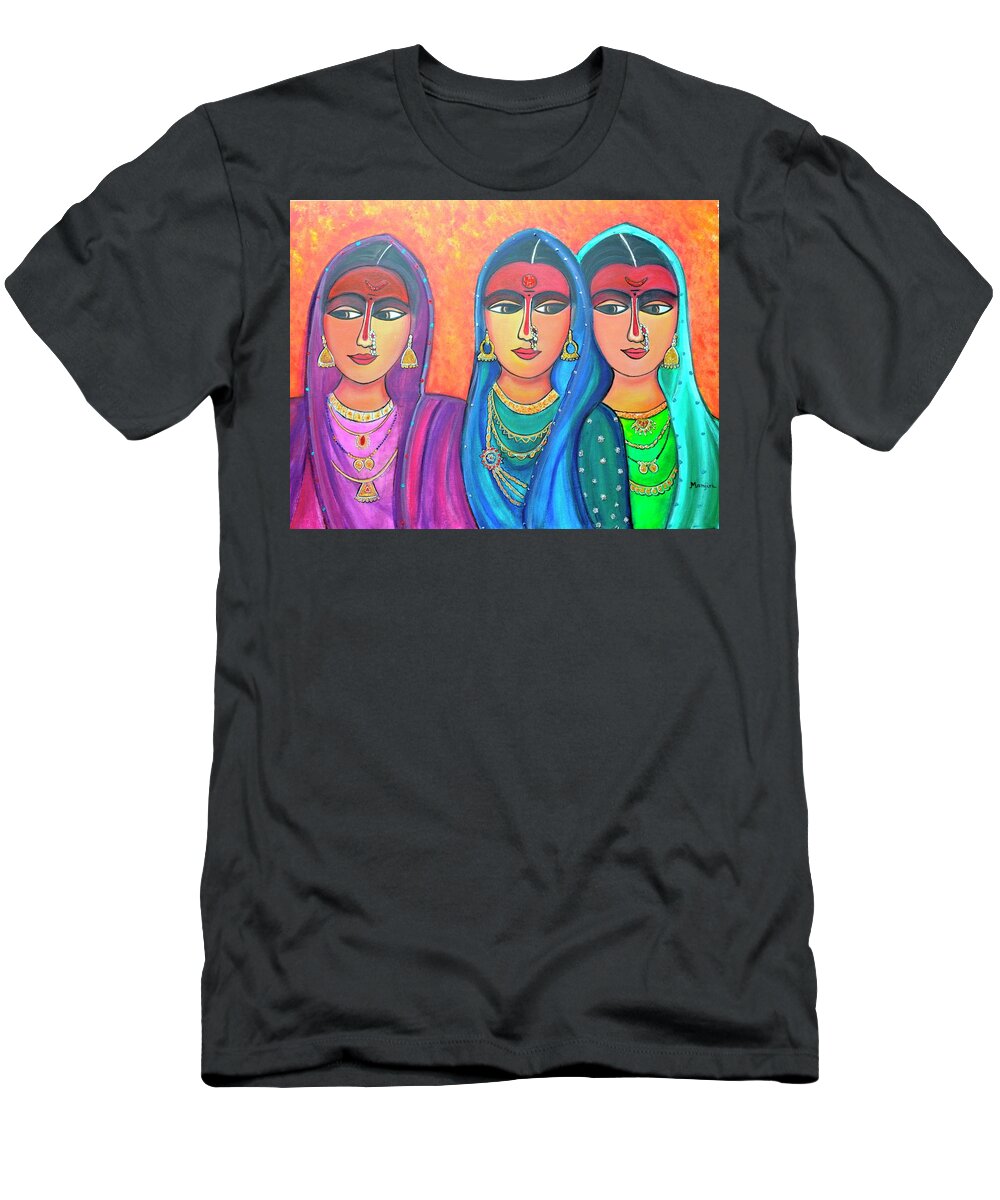 Ladies T-Shirt featuring the painting Sakhi-Friends Forever Figure Painting On Canvas by Manjiri Kanvinde