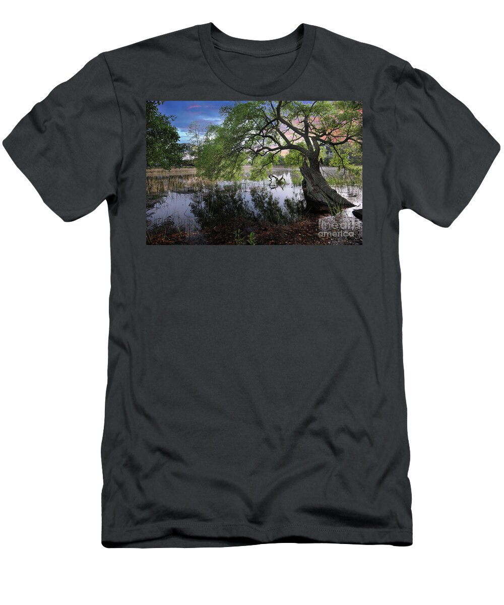 Salt Marsh T-Shirt featuring the photograph Salt Marsh - Sunset - Live Oak Tree by Dale Powell