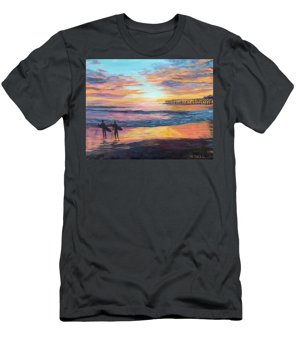 Seascape T-Shirt featuring the painting San Diego Surf Sunset by Nancy Isbell