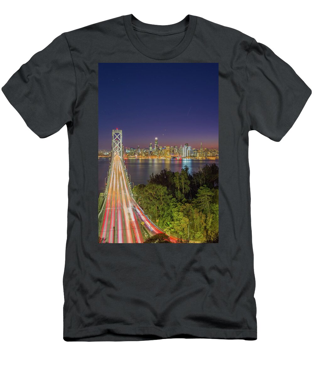 Bay Area T-Shirt featuring the photograph San Francisco Bay Bridge Nightscape Portrait by Scott McGuire