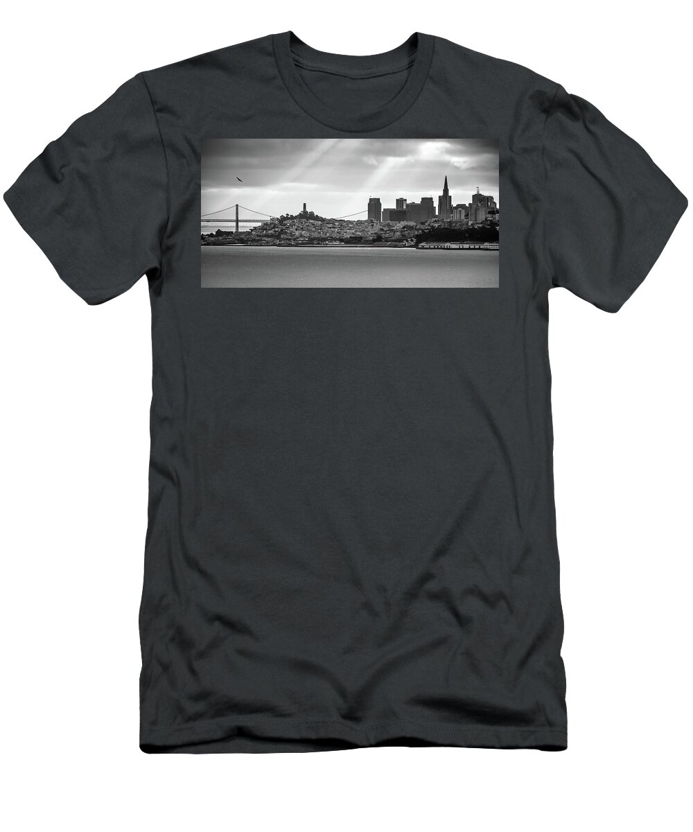 San Francisco Skyline T-Shirt featuring the photograph San Francisco Skyline and Oakland Bay Bridge Panorama - Black and White by Gregory Ballos