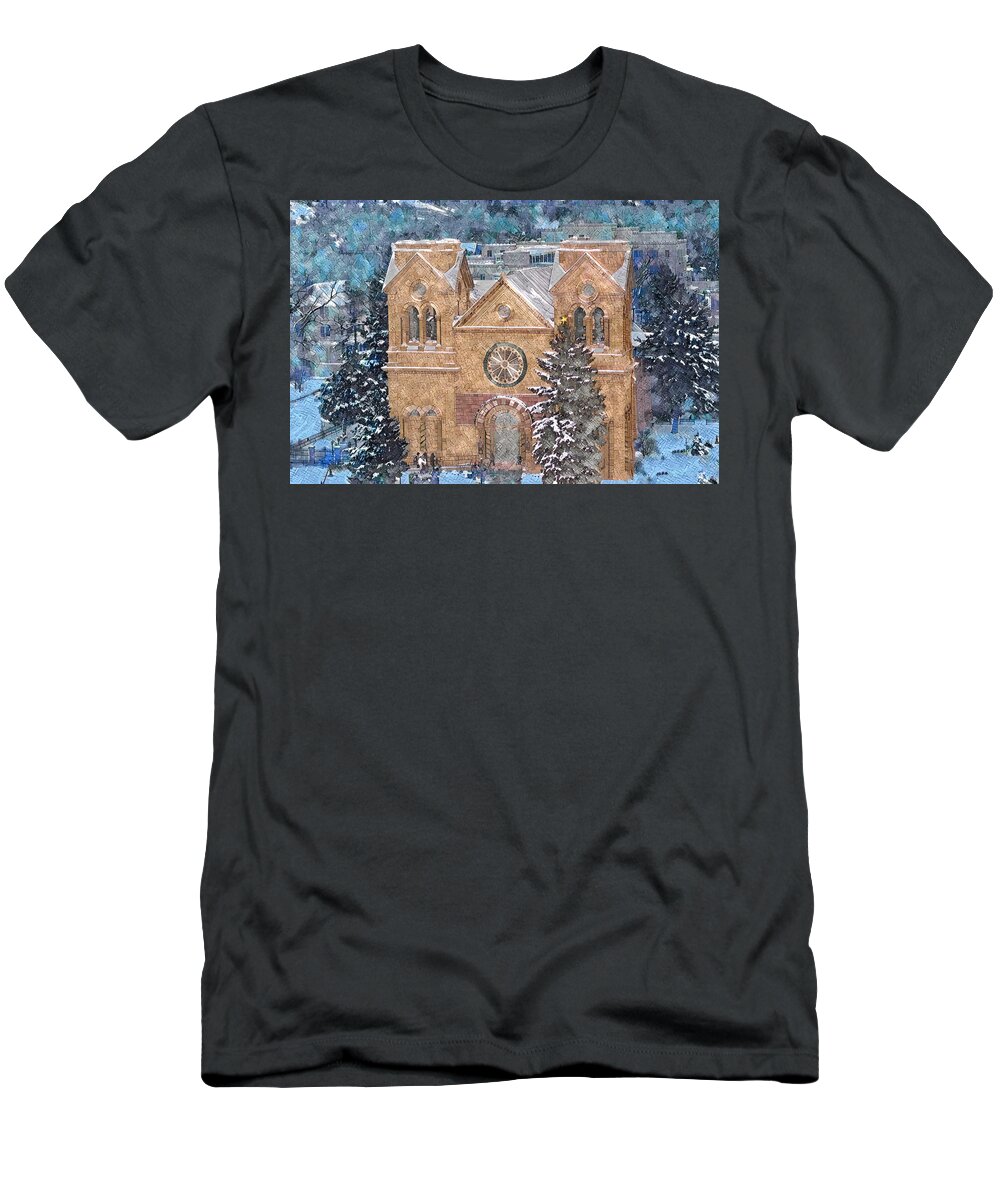 Church T-Shirt featuring the digital art Santa Fe Cathedral in Snow by Aerial Santa Fe