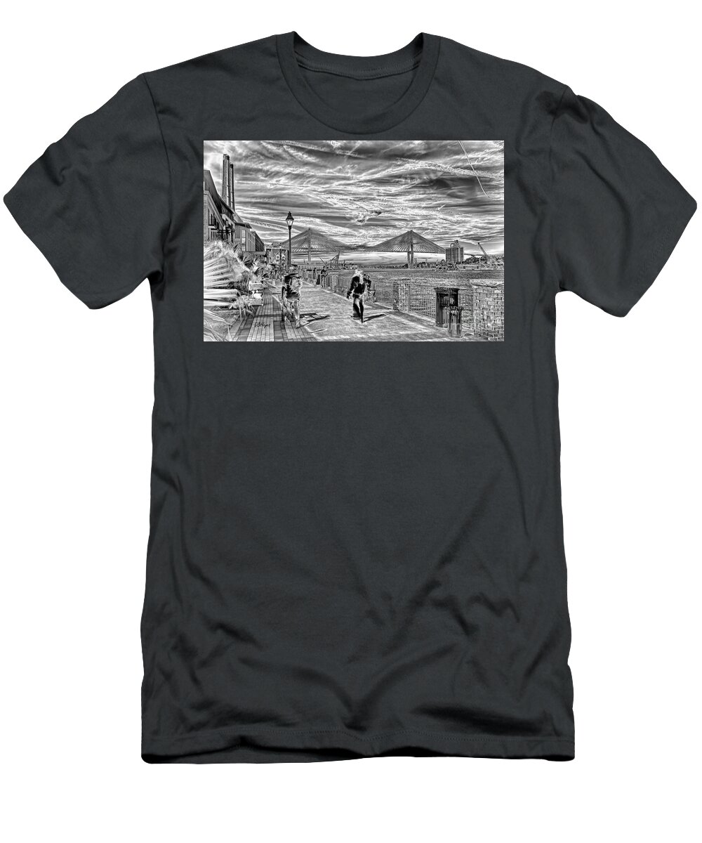 B&w T-Shirt featuring the photograph Savannah's River Walk Photo-Art by DB Hayes