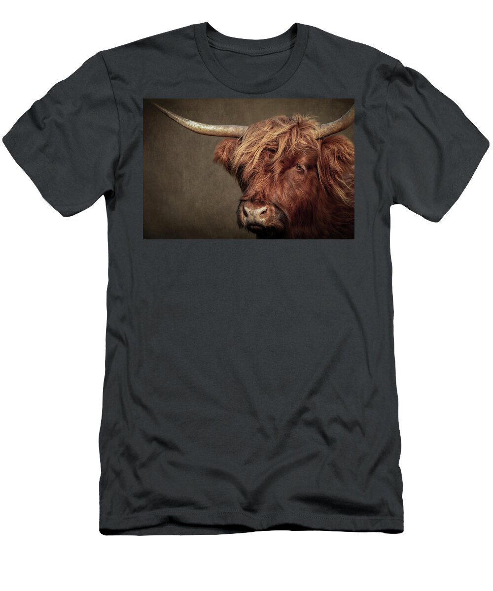 Scottish Highlander T-Shirt featuring the digital art Scottish Highlander Portrait by Marjolein Van Middelkoop