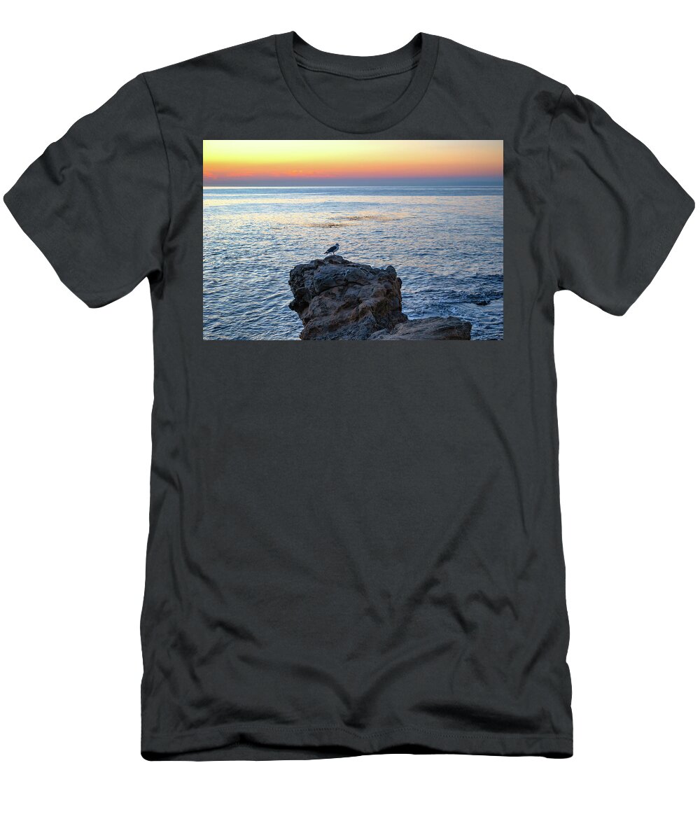 Bird T-Shirt featuring the photograph Seagull Perched on a Rock at Sunrise by Matthew DeGrushe