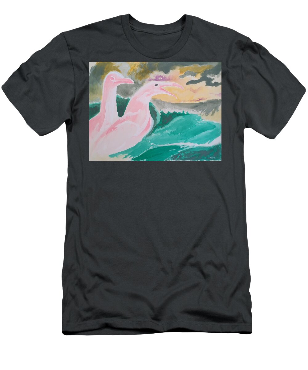 Seagulls T-Shirt featuring the painting Seagulls with Waves by Enrico Garff