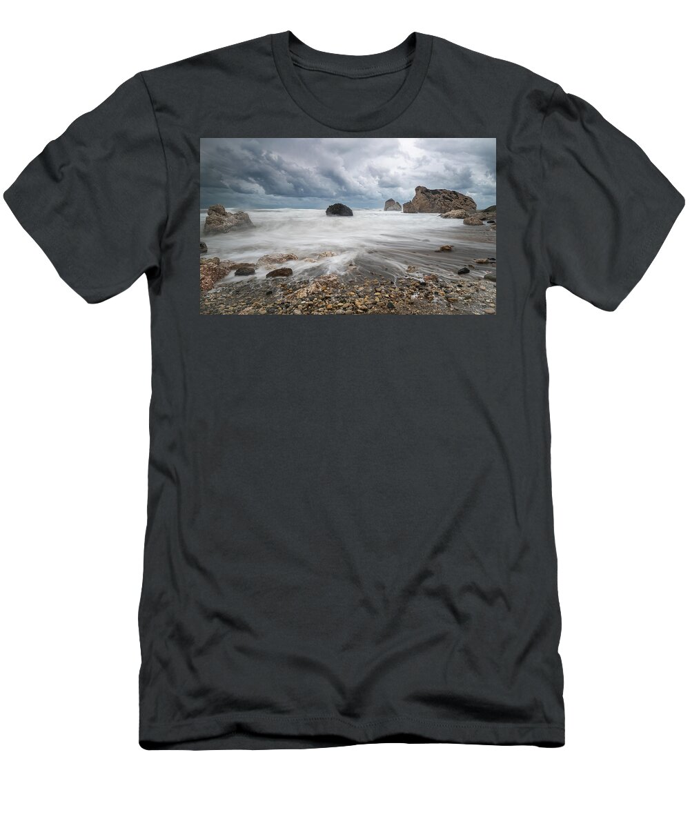 Seascape T-Shirt featuring the photograph Seascape with windy waves during storm weather at the a rocky co by Michalakis Ppalis