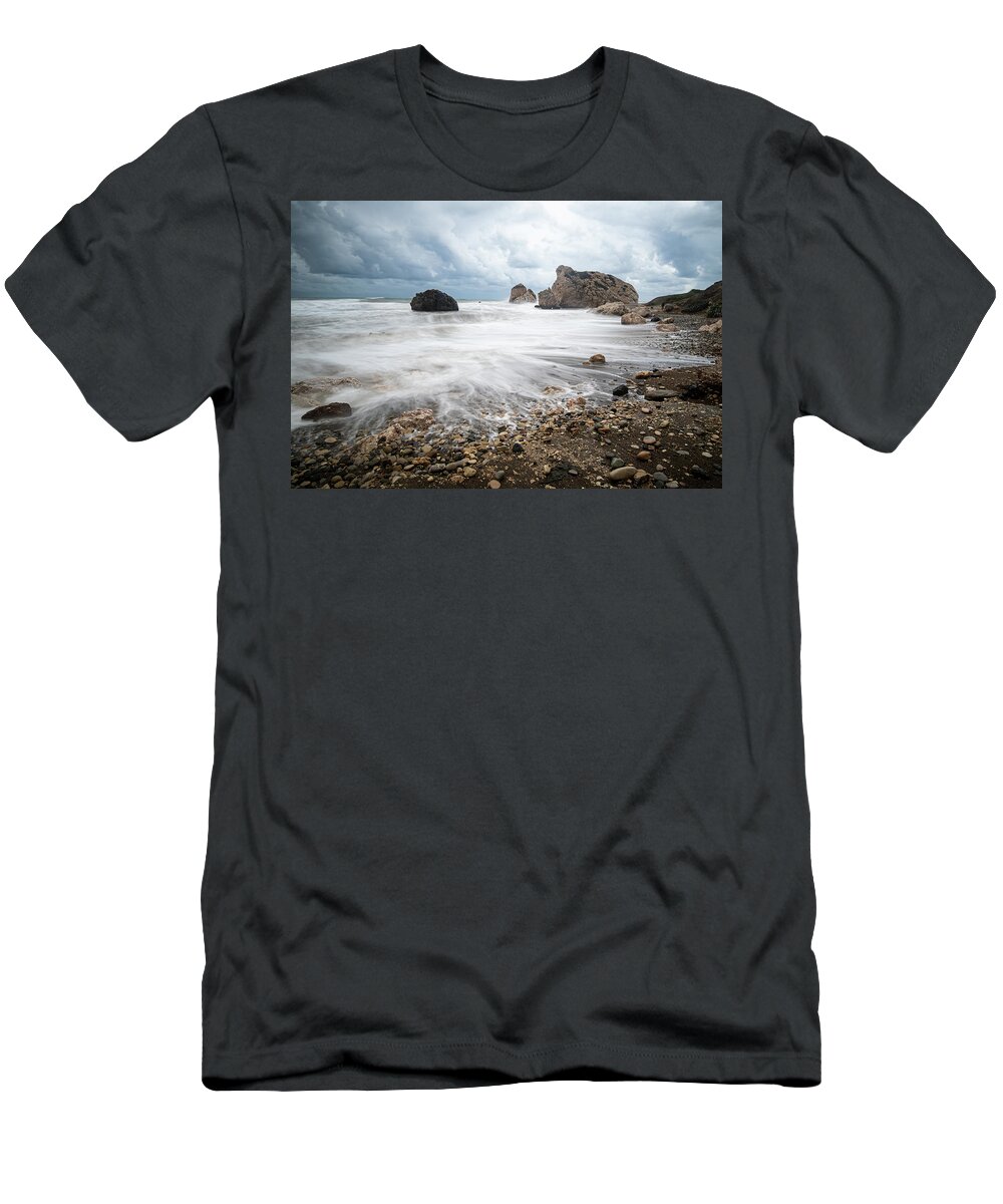 Sea Waves T-Shirt featuring the photograph Seascape with windy waves during stormy weather on a rocky coast by Michalakis Ppalis
