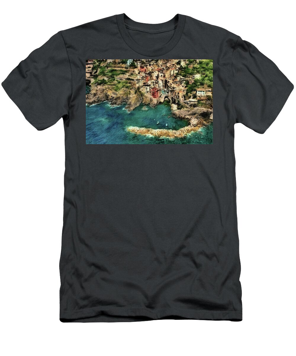Bay T-Shirt featuring the digital art Seaside Village in Italy by Russ Harris