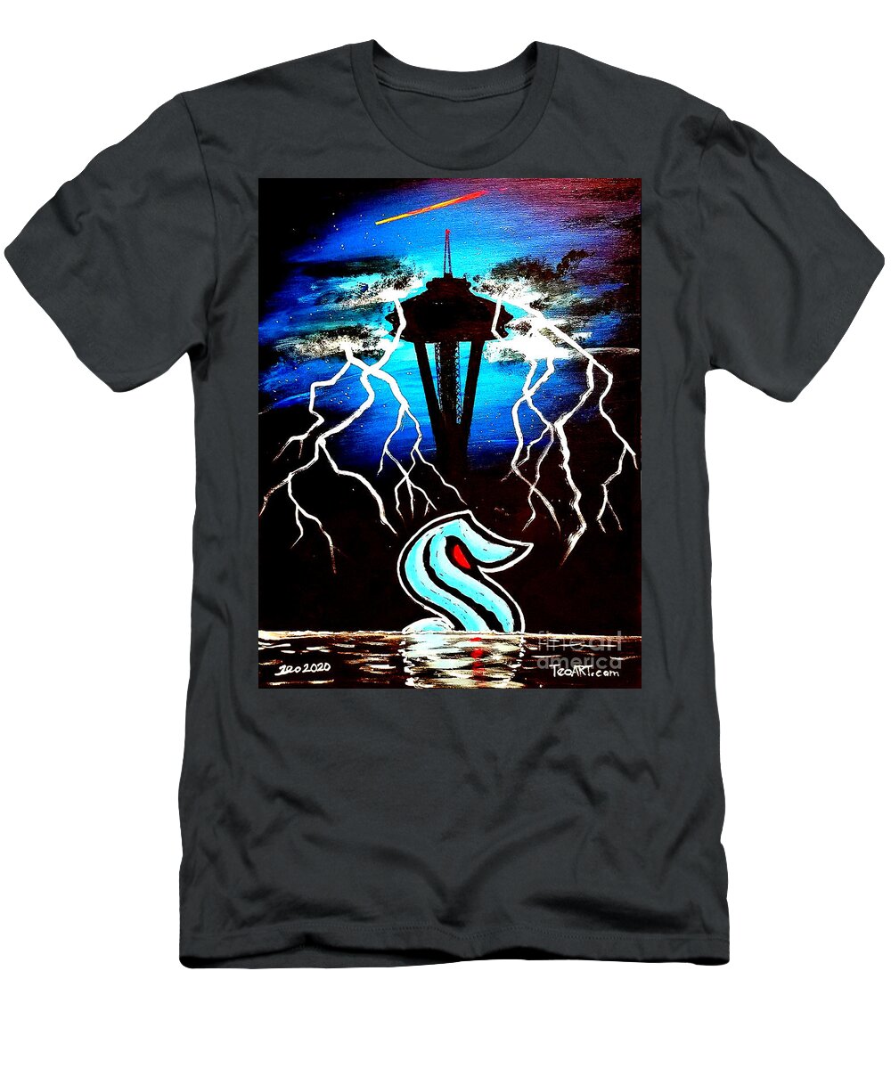 Seattle Kraken Nhl Hockey Team Space Needle Lightning Art Kids T-Shirt by  Teo Alfonso - Pixels