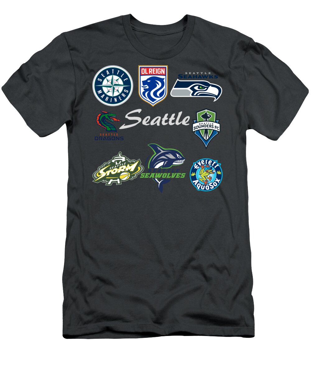Seattle T-Shirt featuring the mixed media Seattle Professional Sport Teams Collage by Movie Poster Prints