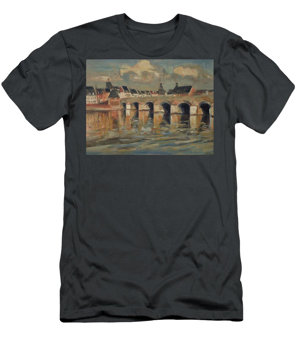 Sint Servaas T-Shirt featuring the painting Servaas bridge with cloudes by Nop Briex