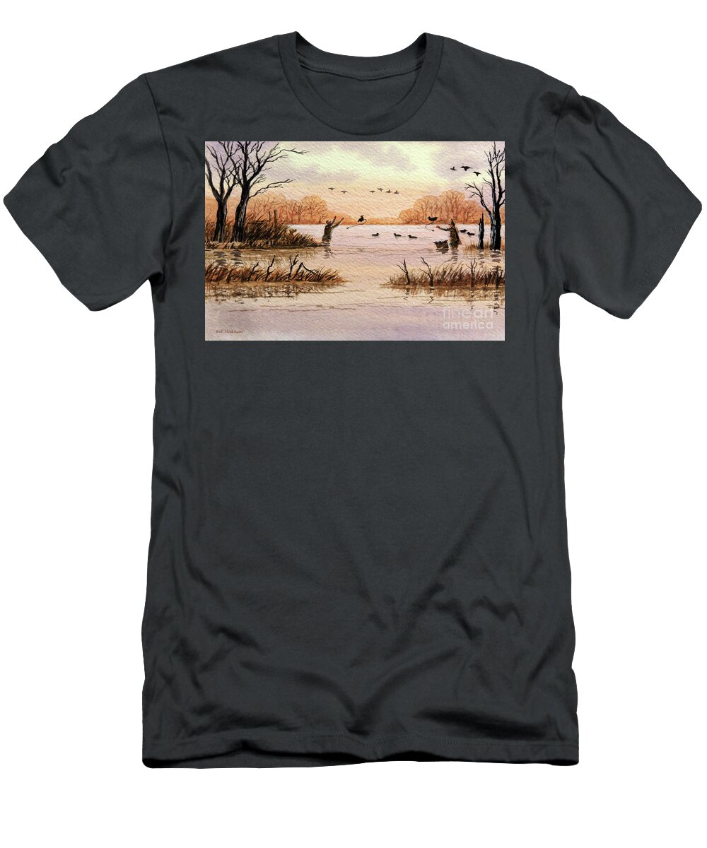 Duck Hunting T-Shirt featuring the painting Setting Duck Decoys On A Promising Day I by Bill Holkham