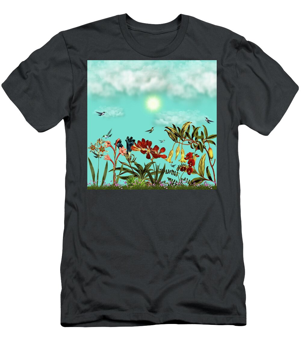 Hummingbird T-Shirt featuring the mixed media Seven Hummingbirds in the Garden by David Dehner