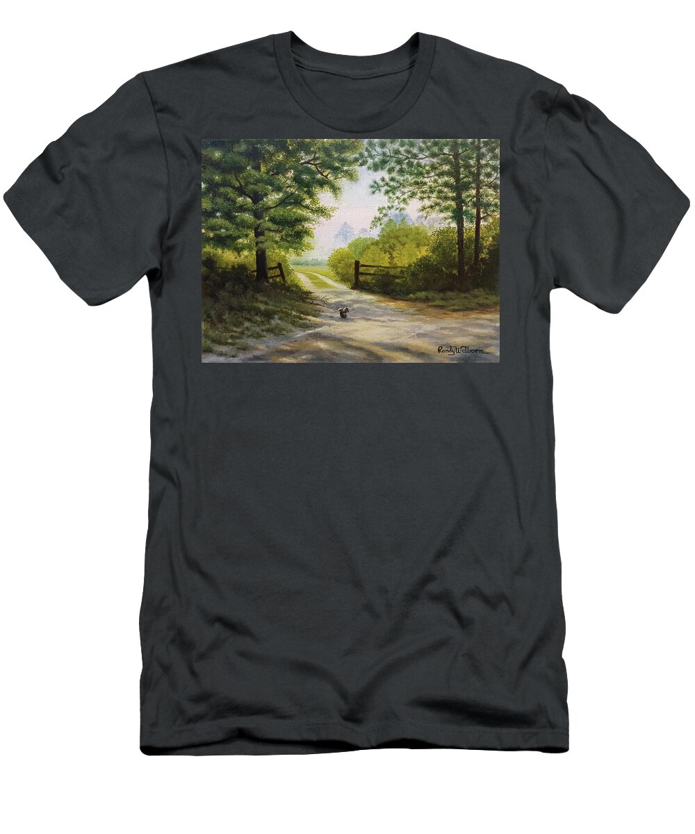 Squirrel T-Shirt featuring the painting Shadows on a Sandy Road by Randy Welborn