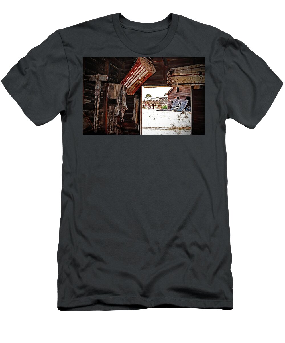  T-Shirt featuring the digital art Sharp Ranch, Tack Room by Fred Loring