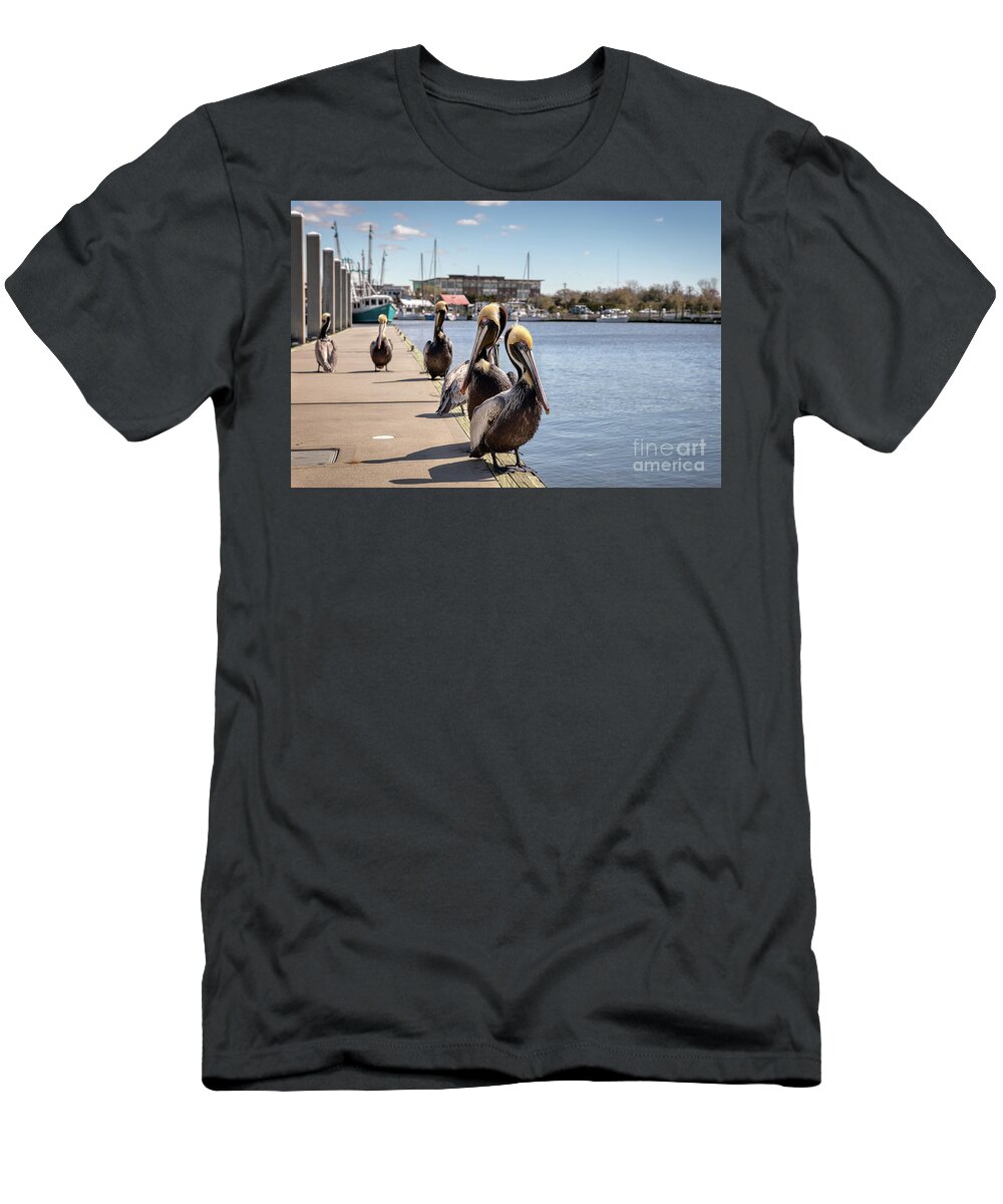 Shem Creek T-Shirt featuring the photograph Shem Creek Pelicans by Rebecca Caroline Photography