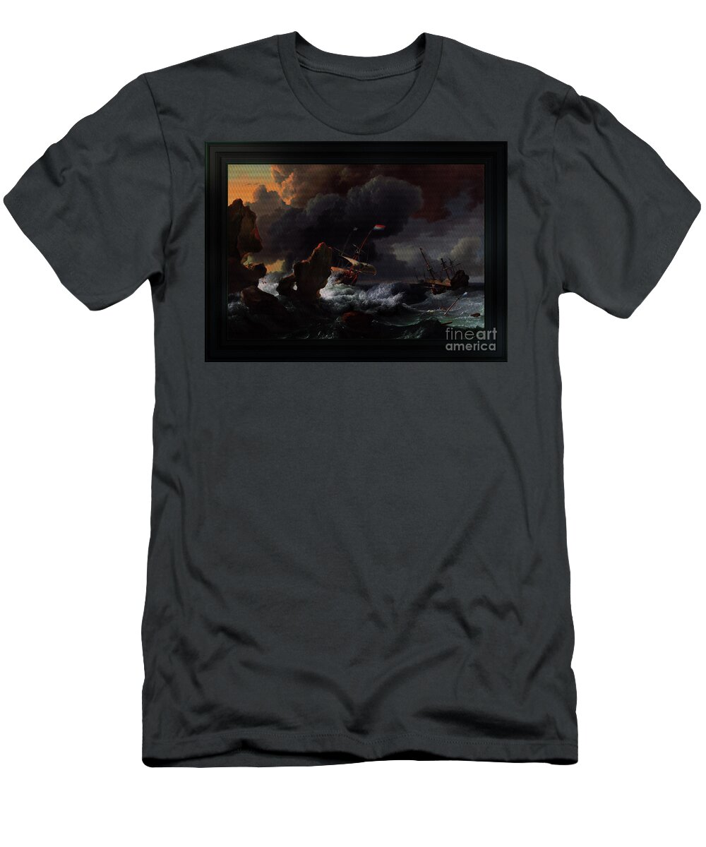 Ships In Distress Off A Rocky Coast T-Shirt featuring the painting Ships In Distress Off A Rocky Coast by Ludolf Bakhuizen Classical Art Reproduction by Rolando Burbon