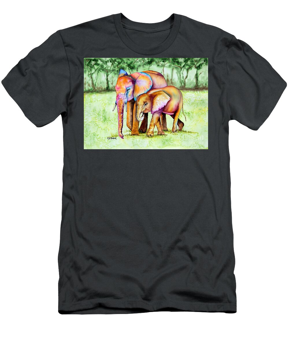 Elephants T-Shirt featuring the painting Side by Side by Maria Barry