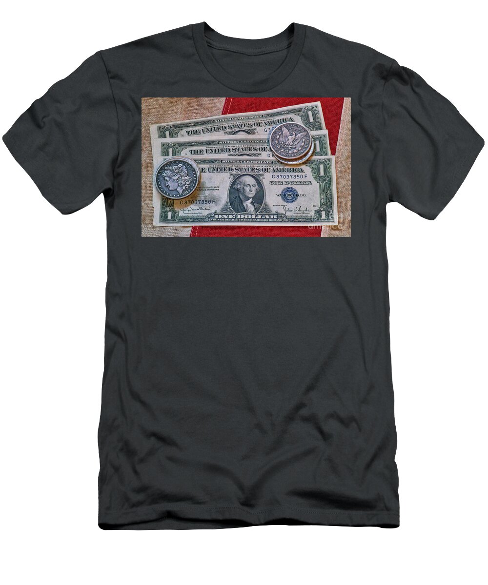 Silver Certificate And Silver Dollars On Flag T-Shirt featuring the photograph Silver Certificate and Silver Dollars on Flag by Randy Steele