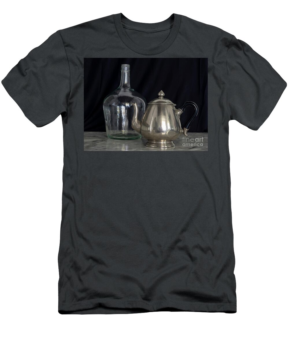 Culture T-Shirt featuring the photograph Silver Teapot and Demijohn Black Background Marble Table by Pablo Avanzini