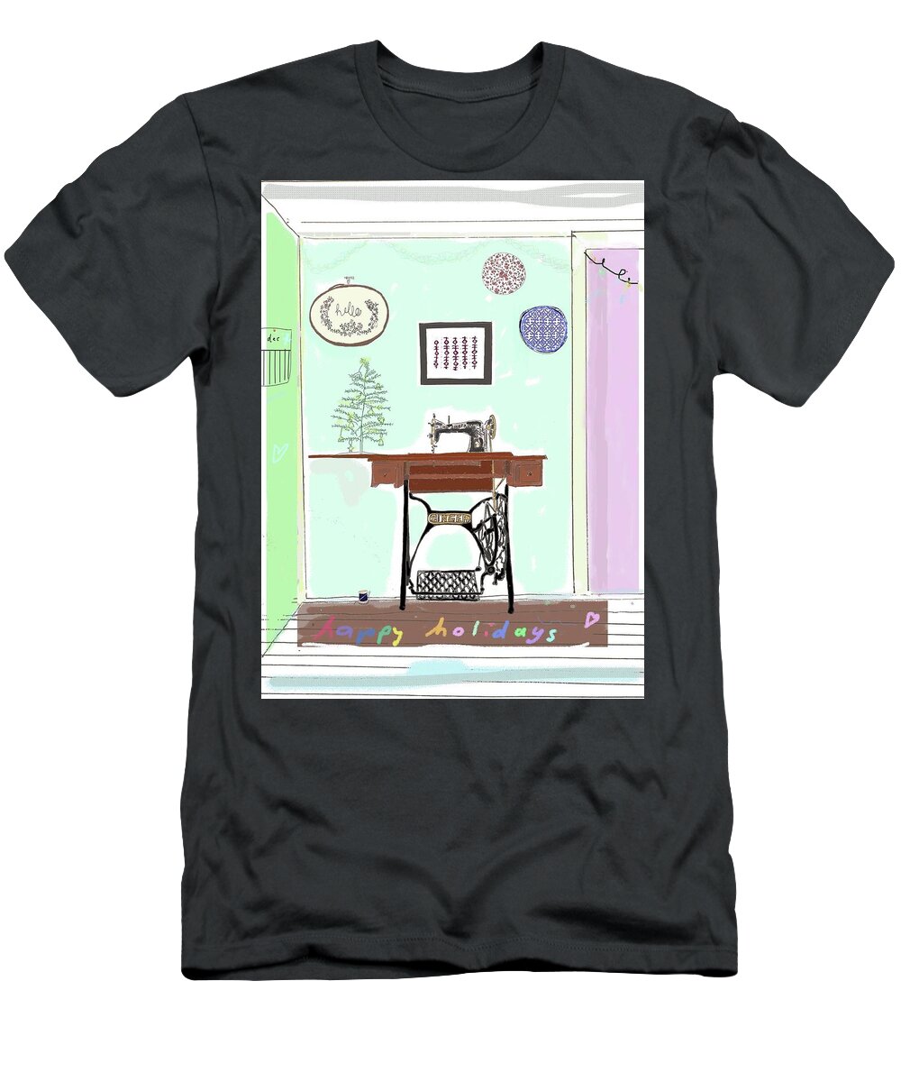 Holidays T-Shirt featuring the drawing Singer Sewing Machine Holidays by Ashley Rice