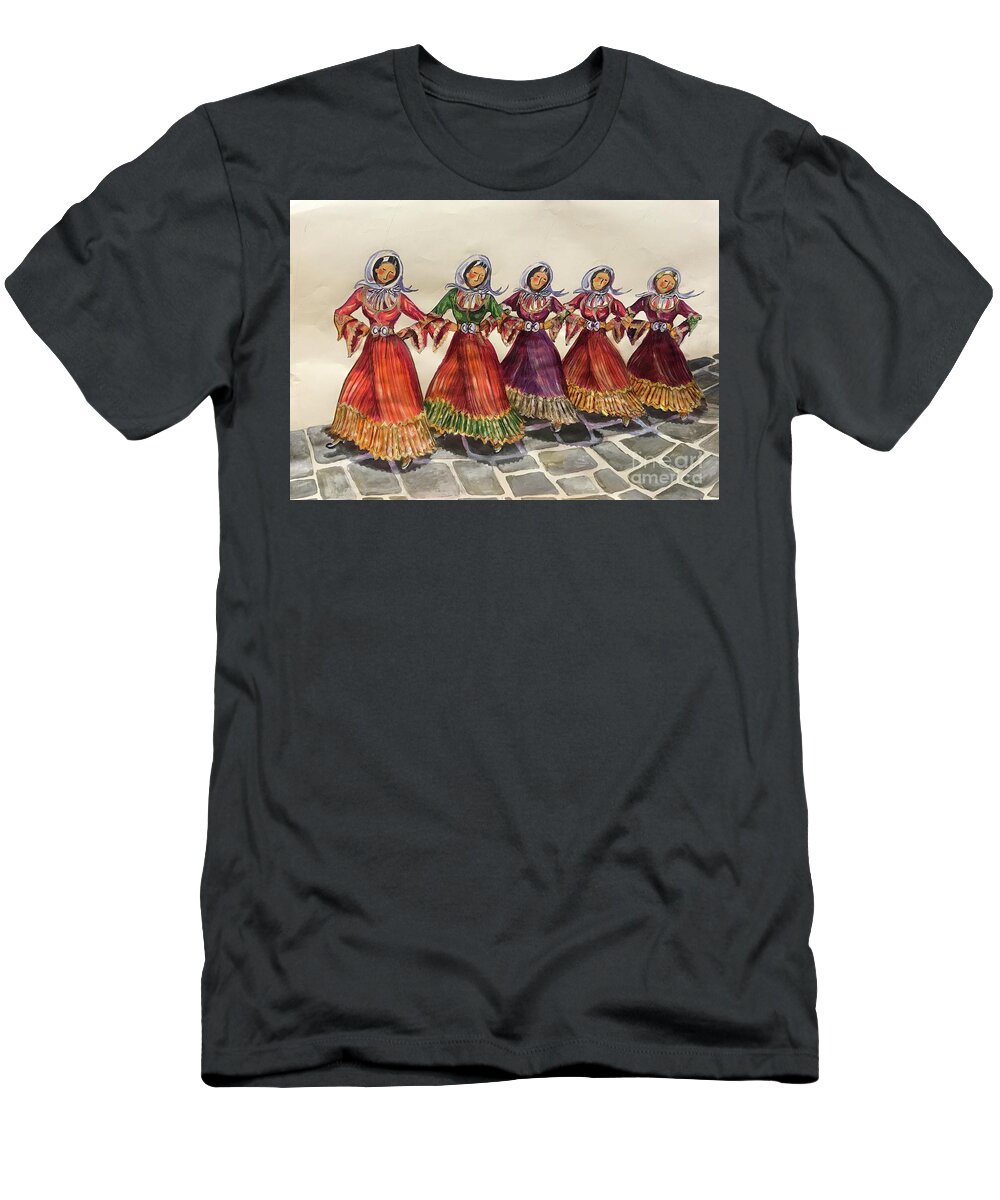 Greece T-Shirt featuring the painting Skiathos Dancers by Yvonne Ayoub