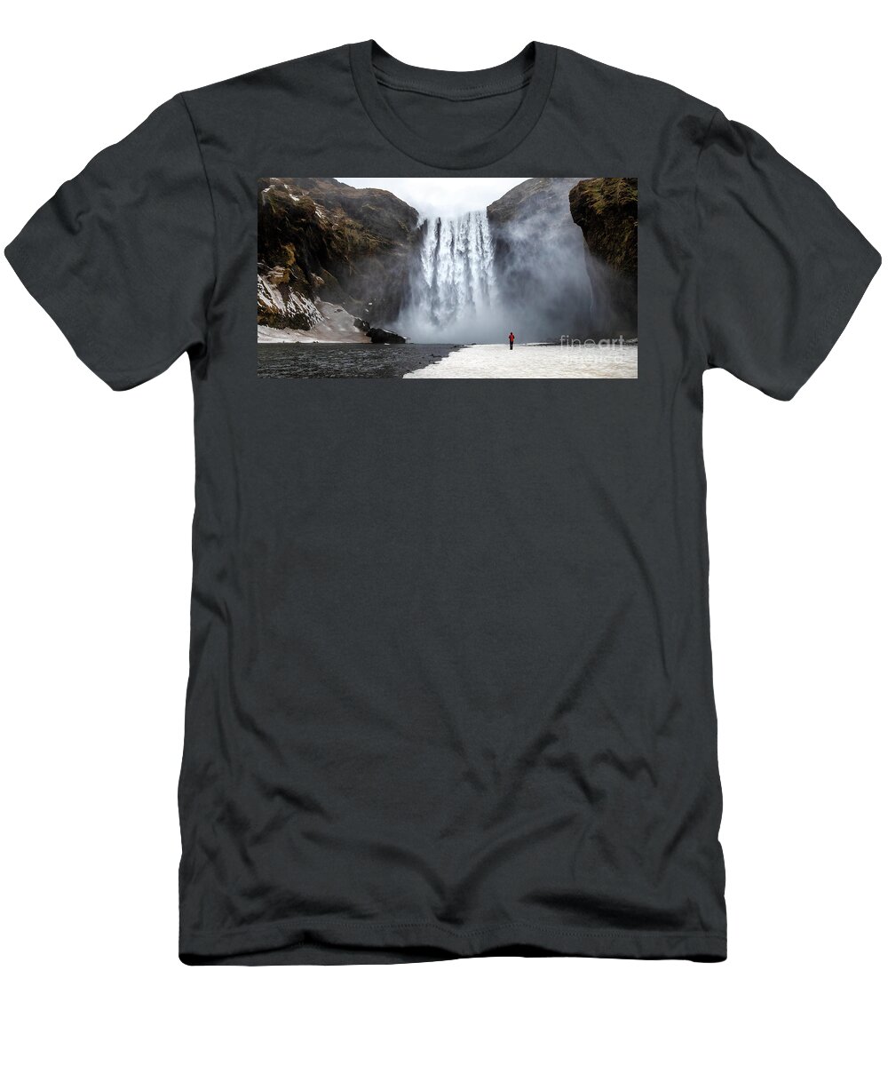 Lonely T-Shirt featuring the photograph Skogafoss waterfall with solitary person by Jane Rix