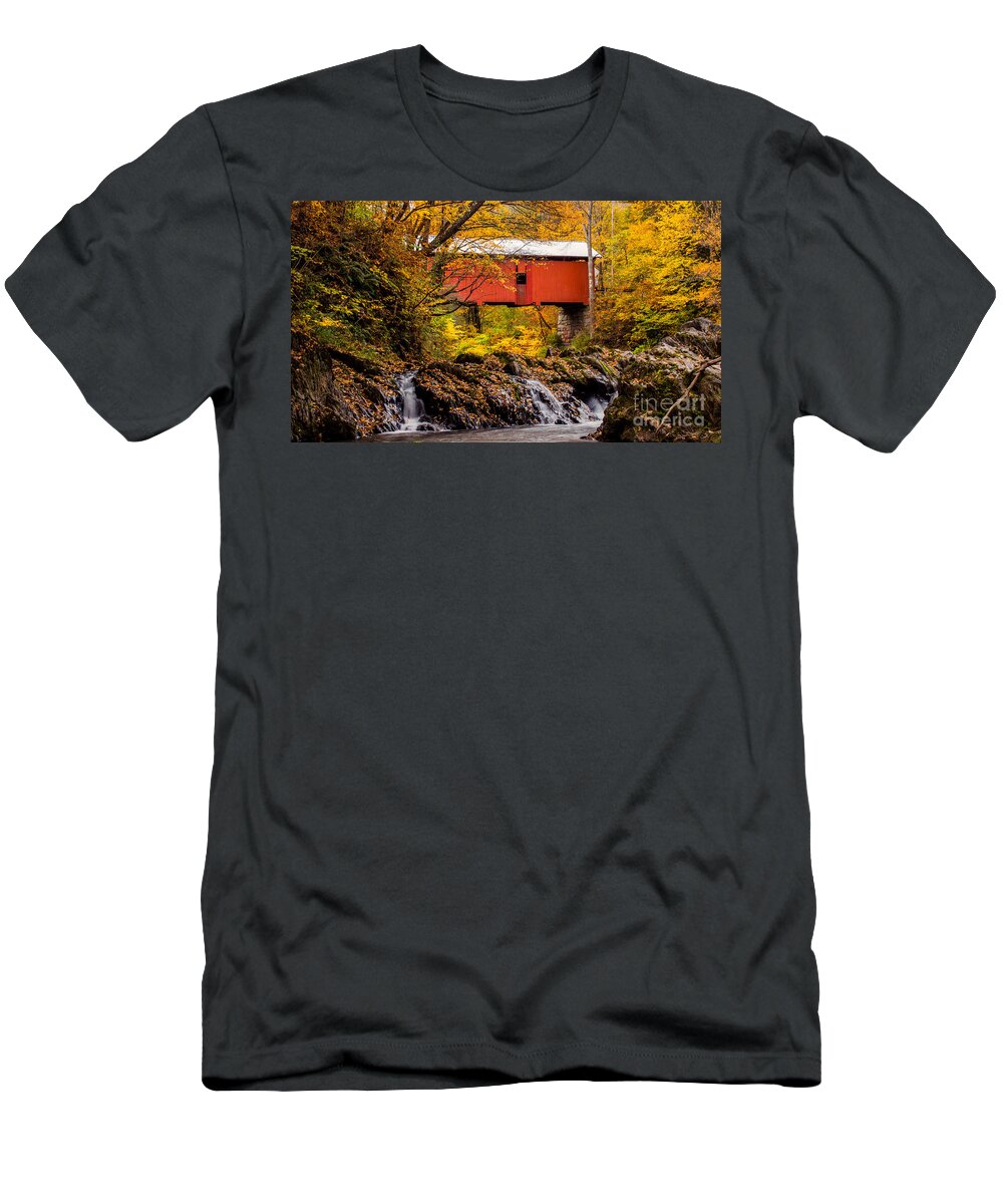 “covered Bridge” T-Shirt featuring the photograph Slaughterhouse Covered Bridge by Scenic Vermont Photography