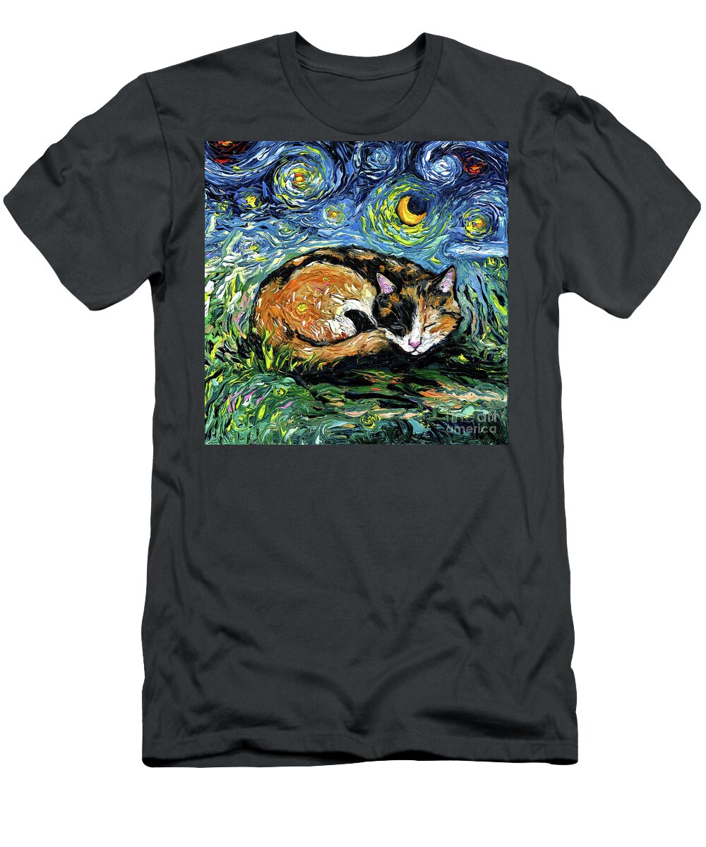 Calico T-Shirt featuring the painting Sleepy Calico Night by Aja Trier