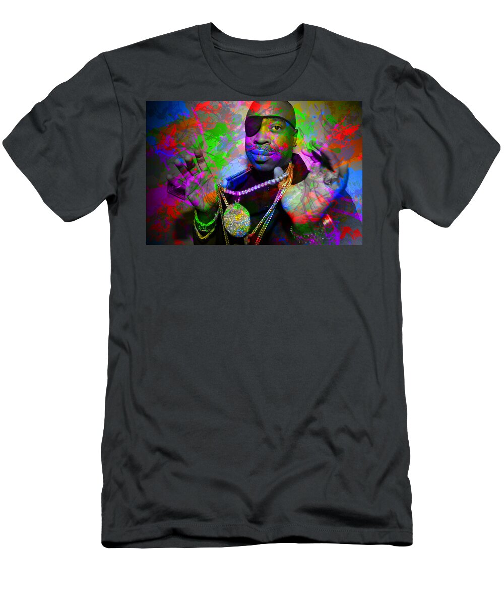 Slick Rick T-Shirt featuring the mixed media Slick Rick Famous Rapper Paint Splatters Colorful Portrait by Design Turnpike