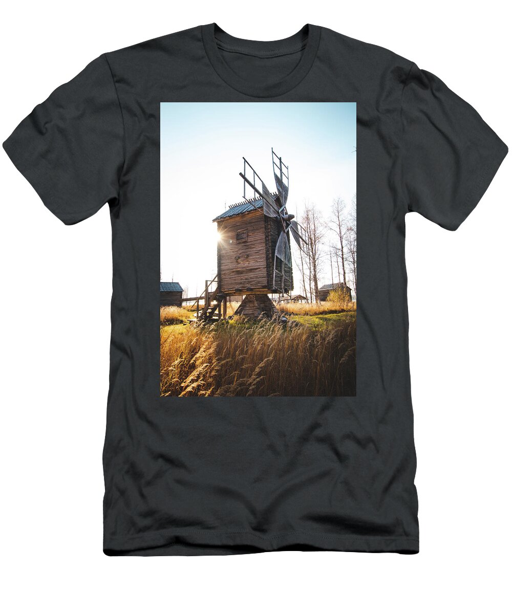 Medieval T-Shirt featuring the photograph Small wooden mill with beautiful sun star by Vaclav Sonnek