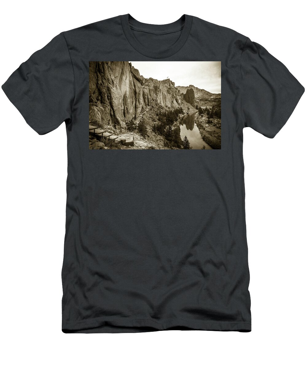 Beautiful T-Shirt featuring the photograph Beautiful Smith Rock Oregon Canyon Walls And River Reflection In Monochrome by Jason McPheeters