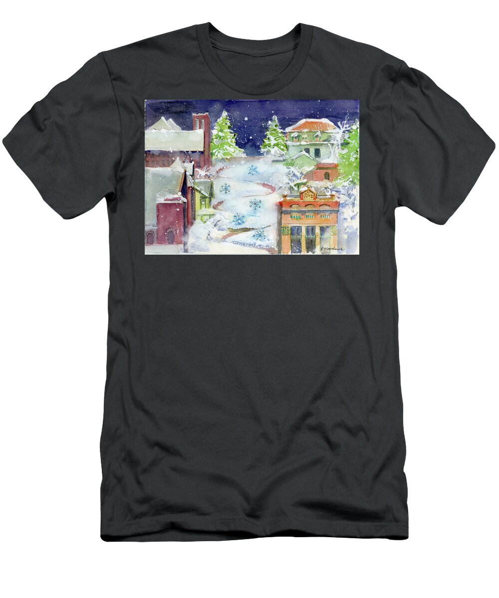 Snake Alley T-Shirt featuring the painting Snake Alley of Burlington Iowa with a dusting of snow by Rebecca Matthews