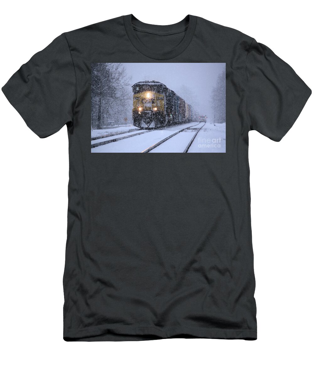 Snow And Trains T-Shirt featuring the photograph Snow and Steel by Rick Lipscomb