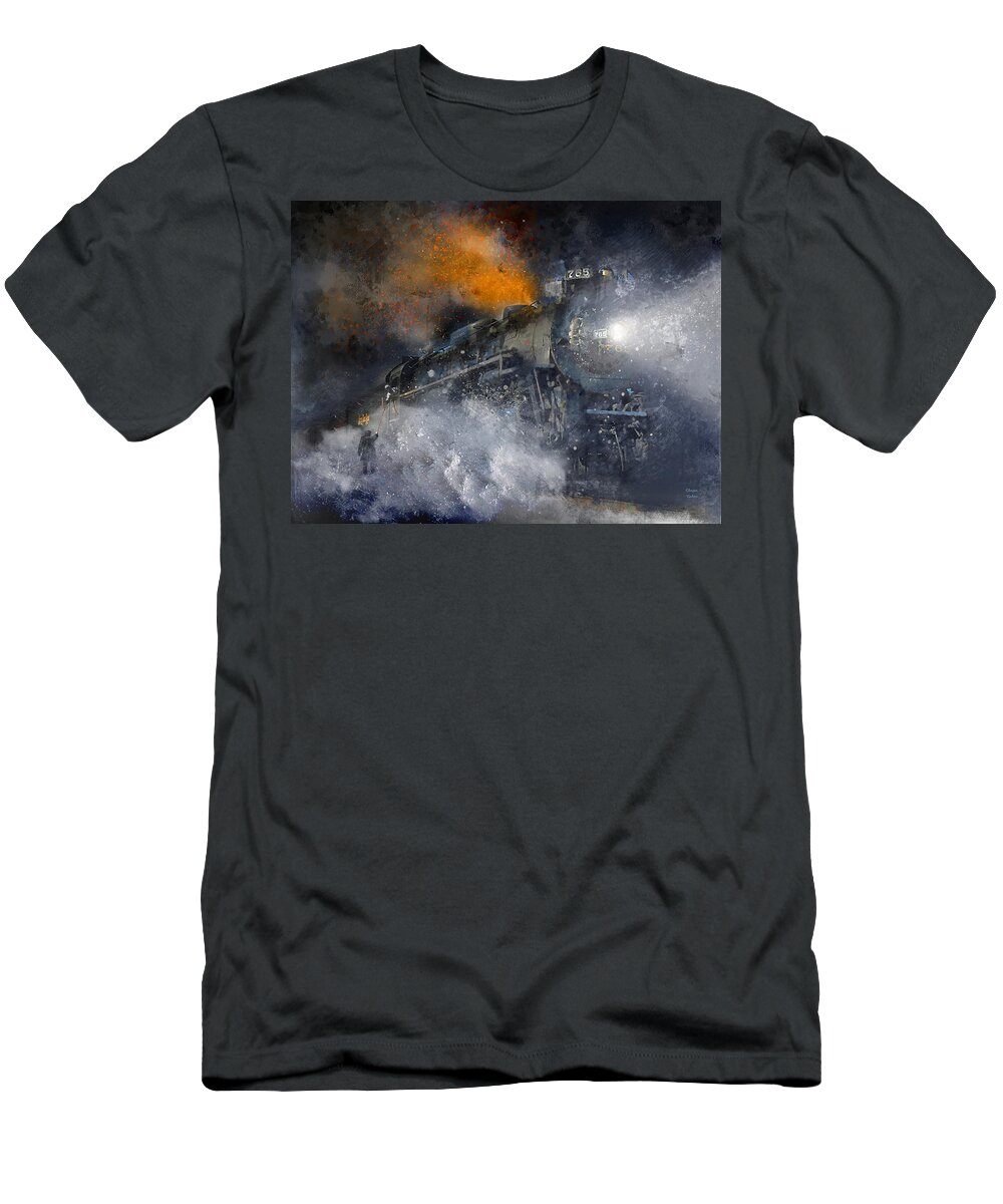 Steam Locomotive T-Shirt featuring the painting Grabbing His Train Orders - Snow Fire and Steam by Glenn Galen