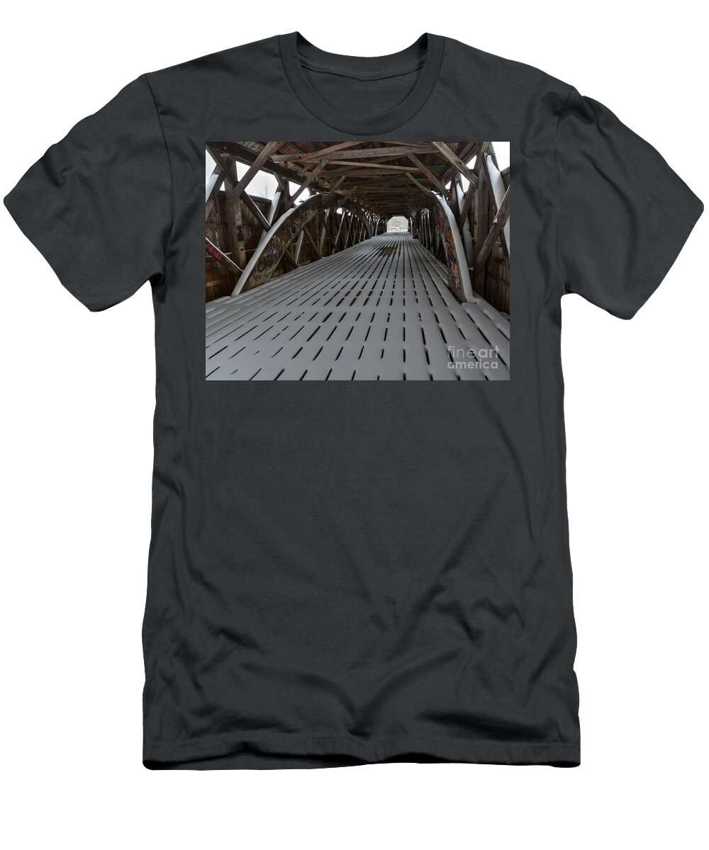 Porter - Parsonsfield Covered Bridge T-Shirt featuring the photograph Snow on the Covered Bridge by Steve Brown
